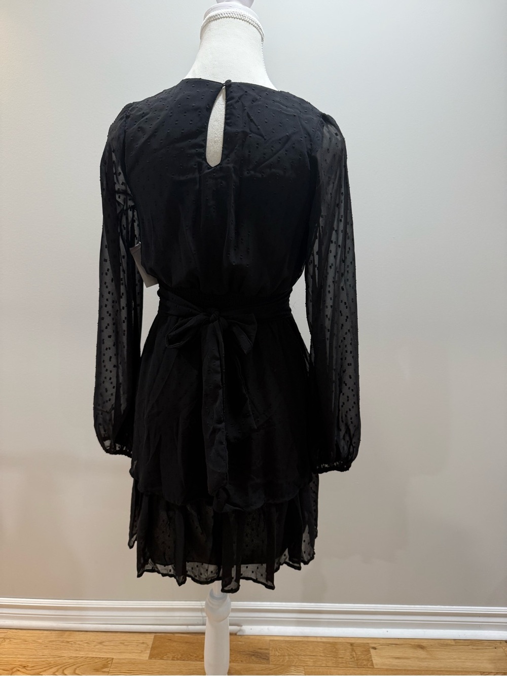 Black V-Neck Tiered Skater Dress Sheer Sleeves - Picture 2 of 6